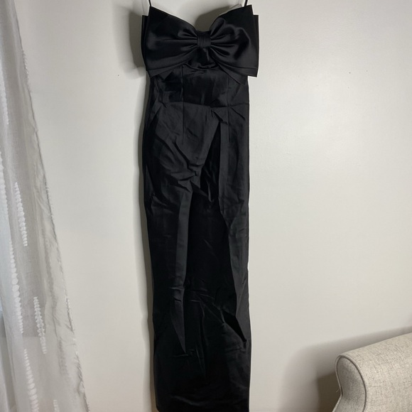ALFRED SUNG Strapless Satin Black Column Maxi Dress with Bow NWT size 00 - Picture 4 of 14